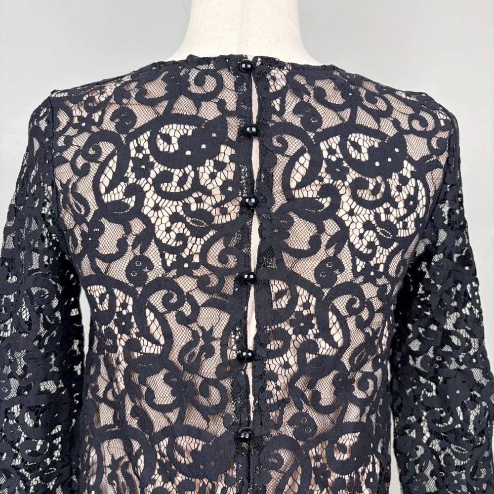 H&M Black Lace Sheer‎ Blouse 3/4 Sleeve Button Back XS